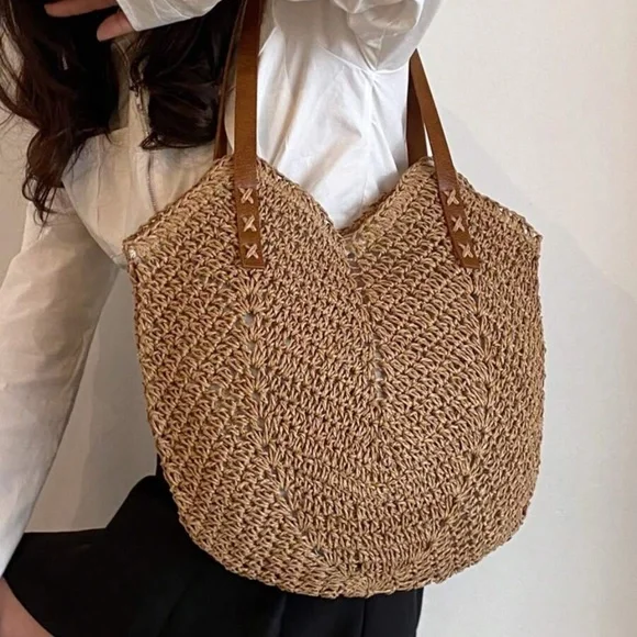 Boho Vegan Leather Strap Minimalist Straw Tote Bag - Picture 11 of 14